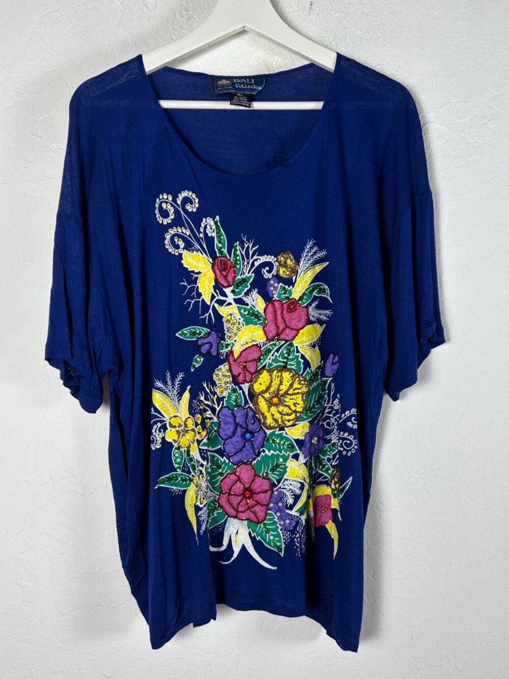 Bali Collection Womens Blue Floral Embellished Sequin Art To Wear Blouse Top OS